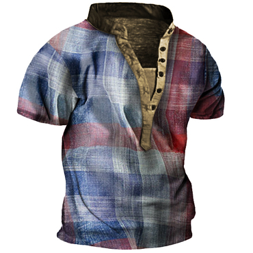 Vintage Check Print Men's Chic Outdoor Zip Retro Print Tactical Henley T-shirt