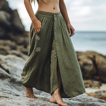 Women's Vintage Seaside Vacation Chic Olive Green Button Floral Linen Skirt