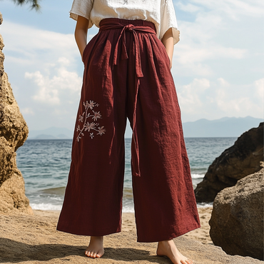 Women's Rustic Boho Beach Chic Vacation Print Linen Claret Draw Rope Ninth Wide Leg Pants