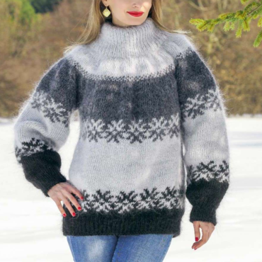 Ladies Vintage Long-sleeved Gray Chic Pile Neck Oversized Knitted Mohair Sweater