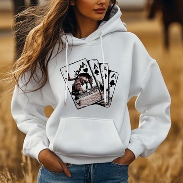 Women's Vintage Western Cowgirl Chic Playing Cards Print Pocket White Hoodie