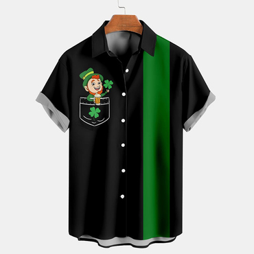 Men's St. Patrick's Day Chic Fun Elf Beer Shamrock Hawaiian Summer Vacation Short Sleeve Shirt