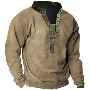 Men's Outdoor Vintage Contrast Chic Color Henley Collar Tactical Sweatshirt