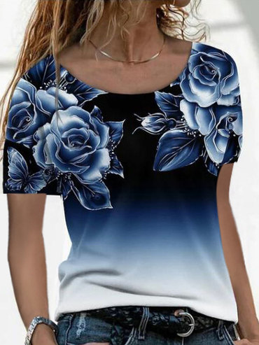 Round Neck Casual Loose Chic Floral Print Short Sleeve T-shirt