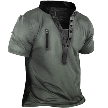 Men's Outdoor Zip Retro Print Chic Tactical Henley Short Sleeve T-shirt