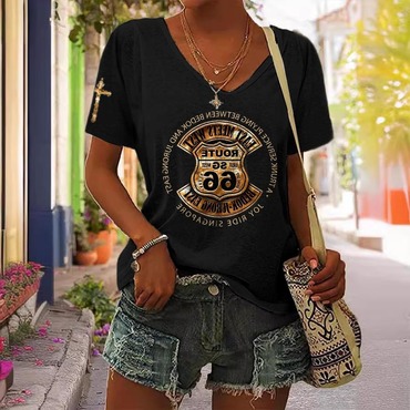 Women's Route 66 Cross Print Chic Short Sleeve V-neck Casual T-shirt