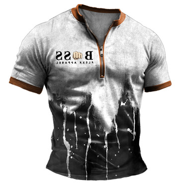 Men's Vintage Gradient Chic Zipper Henley Collar Short Sleeve T-shirt