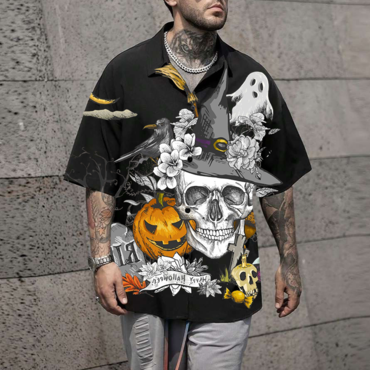 Men's Shirt Halloween Ghost Print Chic Lapel Short Sleeve Shirt Black Shirt