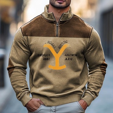 Men's Vintage Yellowstone Elbow Chic Patch Color Block Quarter-zip Stand Collar Long Sleeve Sweatshirt