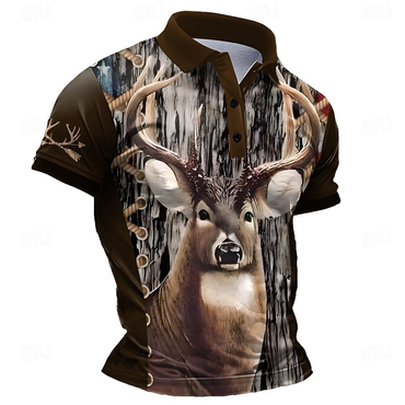 Retro Colorblock Elk Print Chic Casual Lapel T-shirt