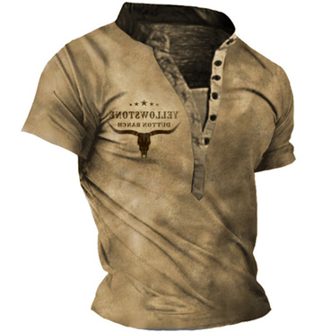 Men's Vintage Western Yellowstone Chic Henley Collar T-shirt