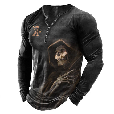 King Men's Crown Skull Chic Reaper Print Long Sleeve Henry T-shirt