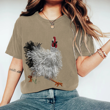 Women's Vintage Cute Farm Chic Chicken Print Round Neck Short Sleeve T-shirt