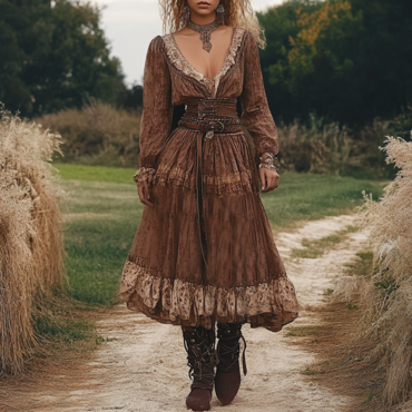 Ladies Vintage Floral Print Chic Brown Lace Western Style Rustic Boho Dress