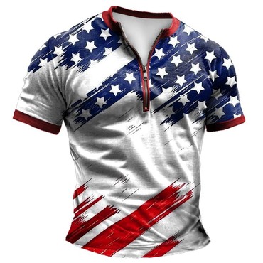 Men's Vintage American Flag Chic Color Block Zipper Henley Collar Short Sleeve T-shirt