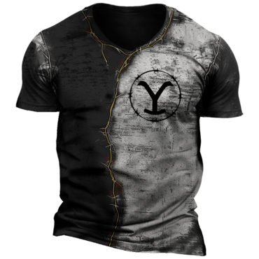 Men's Retro Yellowstone Color Chic Block Print V Neck T-shirt