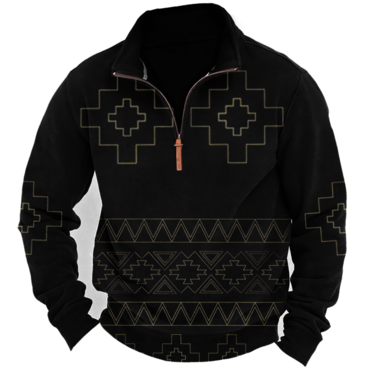 Men's Vintage Quarter Zip Chic Aztec Ethnic Print Long Sleeve Sweatshirt