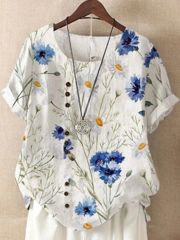 Cotton Daisy Print Short Sleeve Chic Shirt