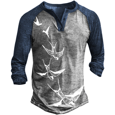 Men's Bird Print Henley Chic Long Sleeve T-shirt