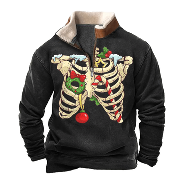 Men's Vintage Christmas Skeleton Chic Lamb Fleece Collar Spliced Sweatshirts