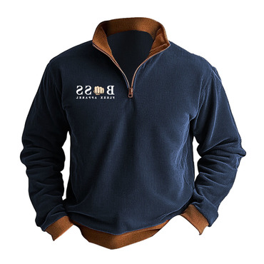 Men's Vintage Corduroy Color Chic Block Quarter-zip Stand Collar Long Sleeve Sweatshirt