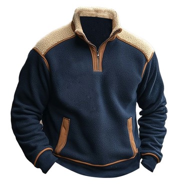 Men's Vintage Fleece Color Chic Block Stand Collar Quarter Zip Sweatshirt