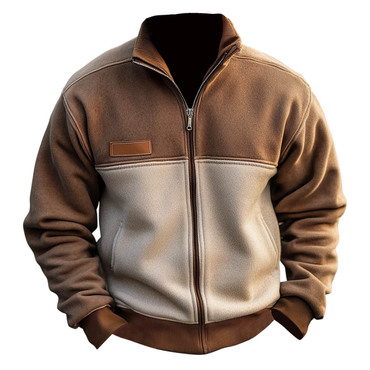 Men's Vintage Color Block Chic Pocket Stand Collar Sweatshirt Jacket