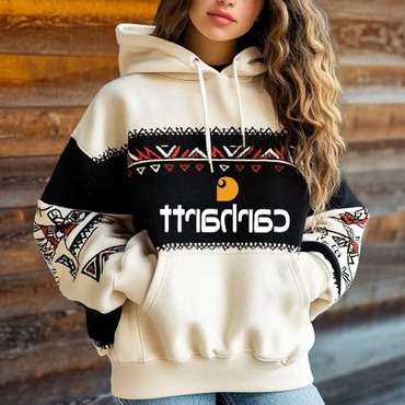 Women's Vintage Ethnic Color Chic Block Pocket Oversized Long Sleeve Hoodie