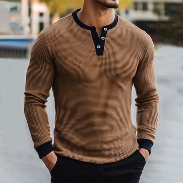 Men's Vintage Waffle Contrast Chic Henley Collar Long Sleeve T-shirt