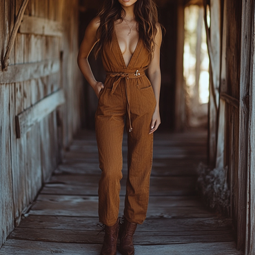 Women's Western Cowboy V-neck Chic Pocket And Linen Jumpsuit