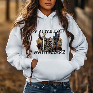 Women's Vintage Western Try Chic That In A Small Town Print Pocket White Hoodie