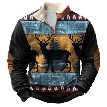 Men's Vintage Deer Print Chic Fleece Collar Quarter Zip Stand Collar Sweatshirt