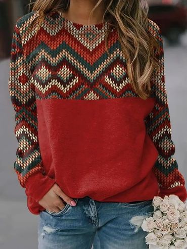 Round Neck Casual Loose Chic Vintage Geometric Print Sweatshirt