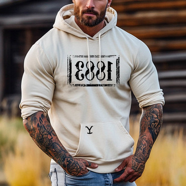 Men's Vintage Yellowstone 1883 Chic Western Cowboy Pocket Long Sleeve Casual Hoodie