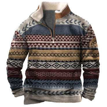 Men's Vintage Lamb Fleece Chic Patchwork Collar Print 1/4 Zipper Sweatshirt