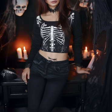 Ladies' Vintage Halloween Skull Print Chic Top