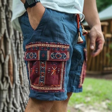 Men's Vintage Cotton And Chic Linen Ethnic Aztec Hippie Print Casual Elastic Cargo Shorts