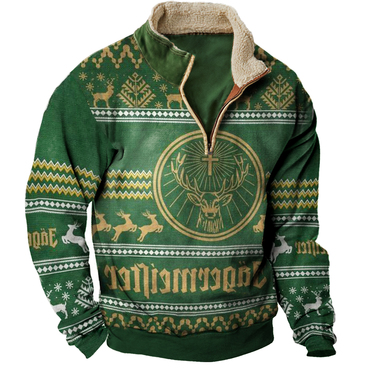 Men's Vintage Whiskey Print Chic Christmas Print Half-zip Stand Collar Sweatshirt