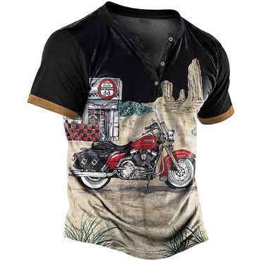 Men's Vintage Route 66 Chic Motorcycle Print Henley Short Sleeve T-shirt