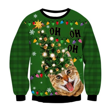 Unisex Christmas Tree Cat Print Chic Crew Neck Ugly Christmas Sweatshirt