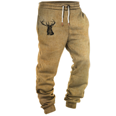 Men's Retro Elk Print Chic Pocket Casual Sports Elastic Waist Pants