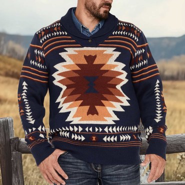 Men's Vintage Southwestern Ethnic Chic Aztec Knitted Shawl Collar Long Sleeve Sweater