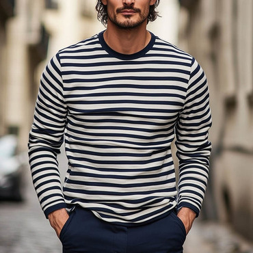 Men's Vintage Outdoor Stripe Chic Crew Neck Long Sleeve T-shirt