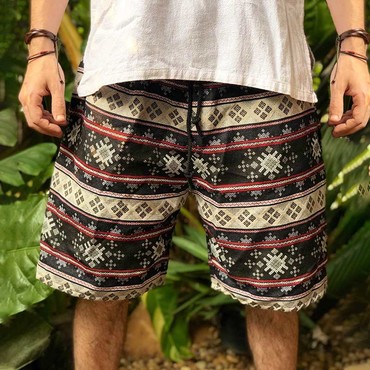 Men's Vintage Hippie Boho Chic Tribal Aztec Print Elastic Drawstring Shorts