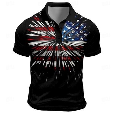 Men's Vintage American Flag Chic Patriotic Fireworks Print Short Sleeve Polo T-shirt