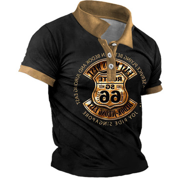 Men's Vintage Route 66 Chic Road Trip Print Color Block Short Sleeve Polo T-shirt