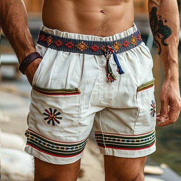 Men's Vintage Cotton Ethnic Chic Aztec Hippie Print Casual Elastic 5 Inch Shorts