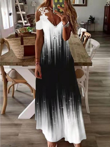 V-neck Printed Casual Short-sleeved Chic Maxi Dress