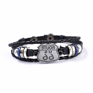 Route 66 Mother's Road Chic Multilayer Leather Bracelets For Men Adjustable Length Wrist Males Jewelry