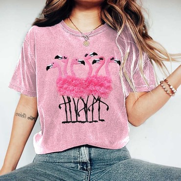 Women's Vintage Flamingos Fringed Chic Embroidery Pattern Print Round Neck Short Sleeve T-shirt